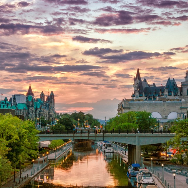 Rideau Canal (UNESCO) at Sunset with Chateau Laurier in background