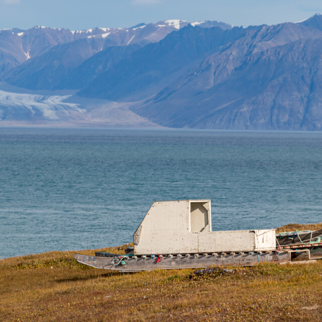 A qamutiik, the wooden single sledge runner using by the inuit - eskimo people in winter, Pond inlet, Canada.