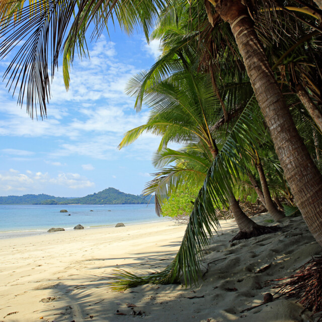 Tropical Beach of Coibita, aka Rancheria, with Isla Coiba in the Background. Coiba National Park, Panama