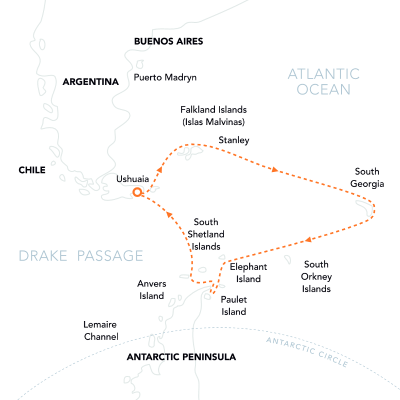 Map for Antarctica, South Georgia & Falklands Cruise