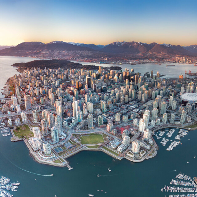 A panoramic drone view of Vancouver downtown.