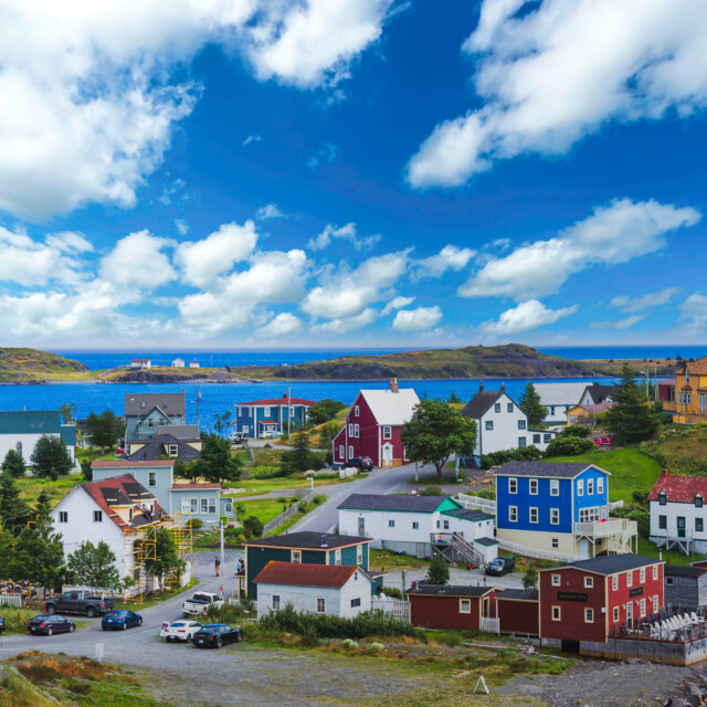 Family homes and a lighthouse in Trinity, Newfoundland