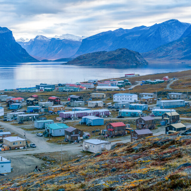 Pangnirtung, Canada - 09.03.2019: View of a remote Inuit community of Pangnirtung, Nunavut, Canada. Early morning before sunrise in Pangnirtung fjord. The north.