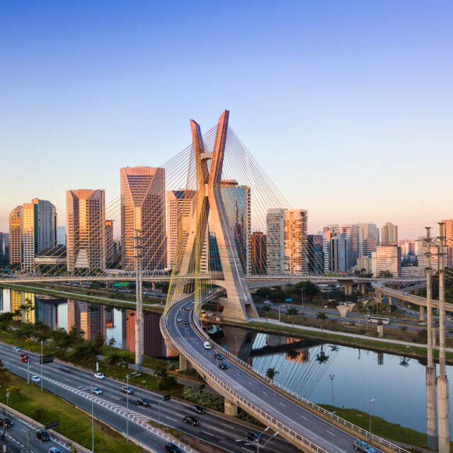 Aerial view of the famous cable-stayed bridge of Sao Paulo city.