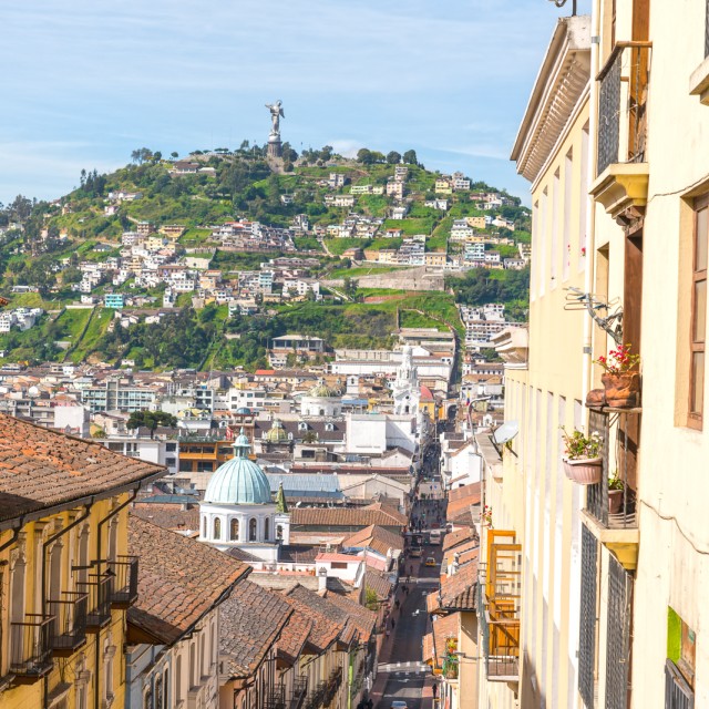 High angle view t in old town of Quito on sunny day.