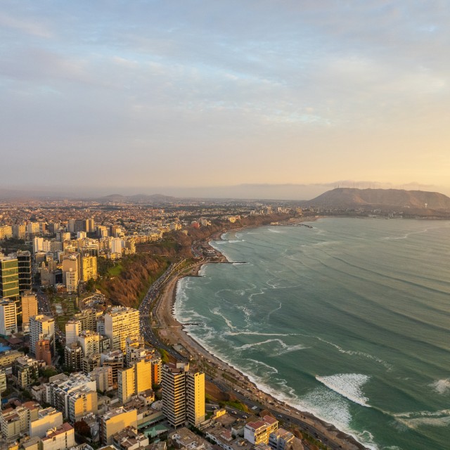Aerial view of Miraflores and its boardwalk in Lima. Peru