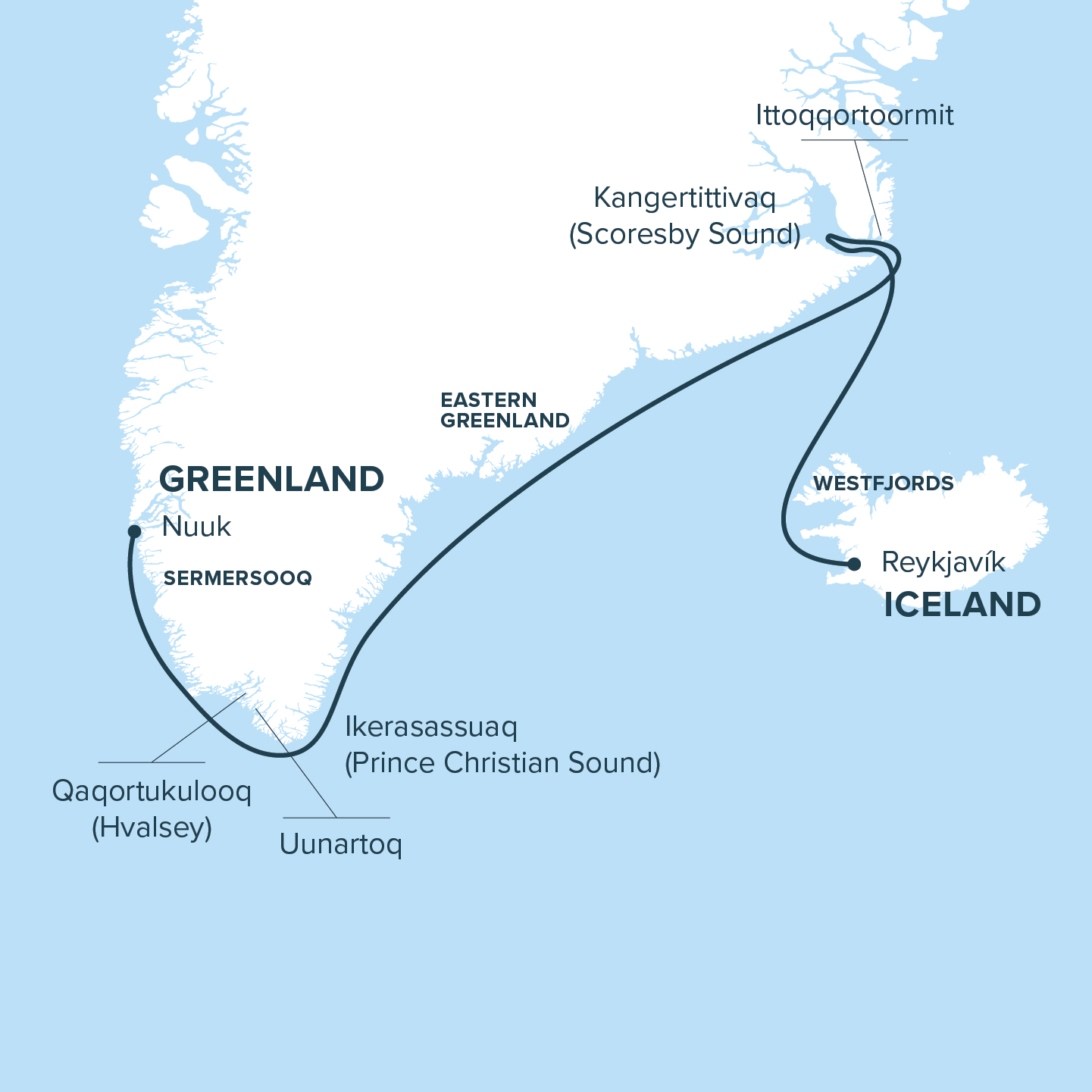 Map for Iceland to Greenland Cruise