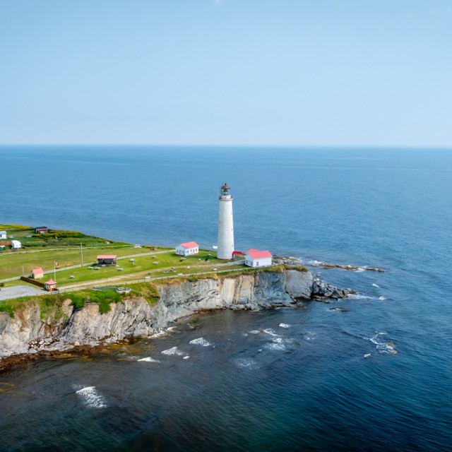 Aerial View of Cap-des-Rosiers Lighthouse, Gaspe Peninsula, Quebec, Canada during Summer.