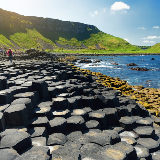 Giants Causeway, an area of hexagonal basalt stones, created by ancient volcanic fissure eruption, County Antrim, Northern Ireland. Famous tourist attraction, UNESCO World Heritage Site.
