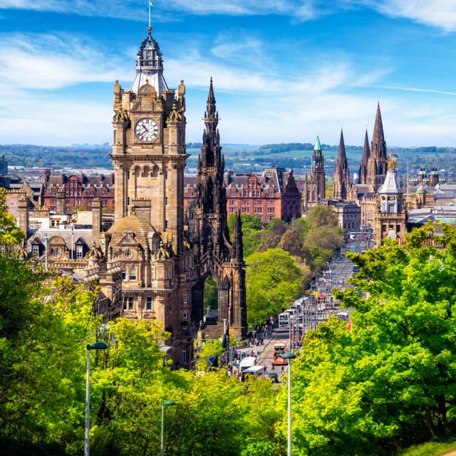 View from the Calton Hill on Princes Street in Edinburgh, Scotland, UK