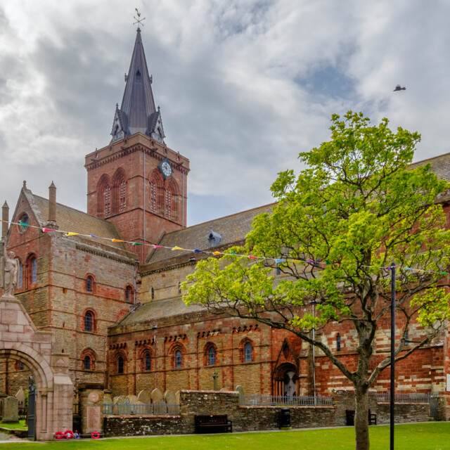The St Magnus Cathedral, founded in 1137, dominates the skyline of Kirkwall, the main town of Orkney Islands, Scotland.